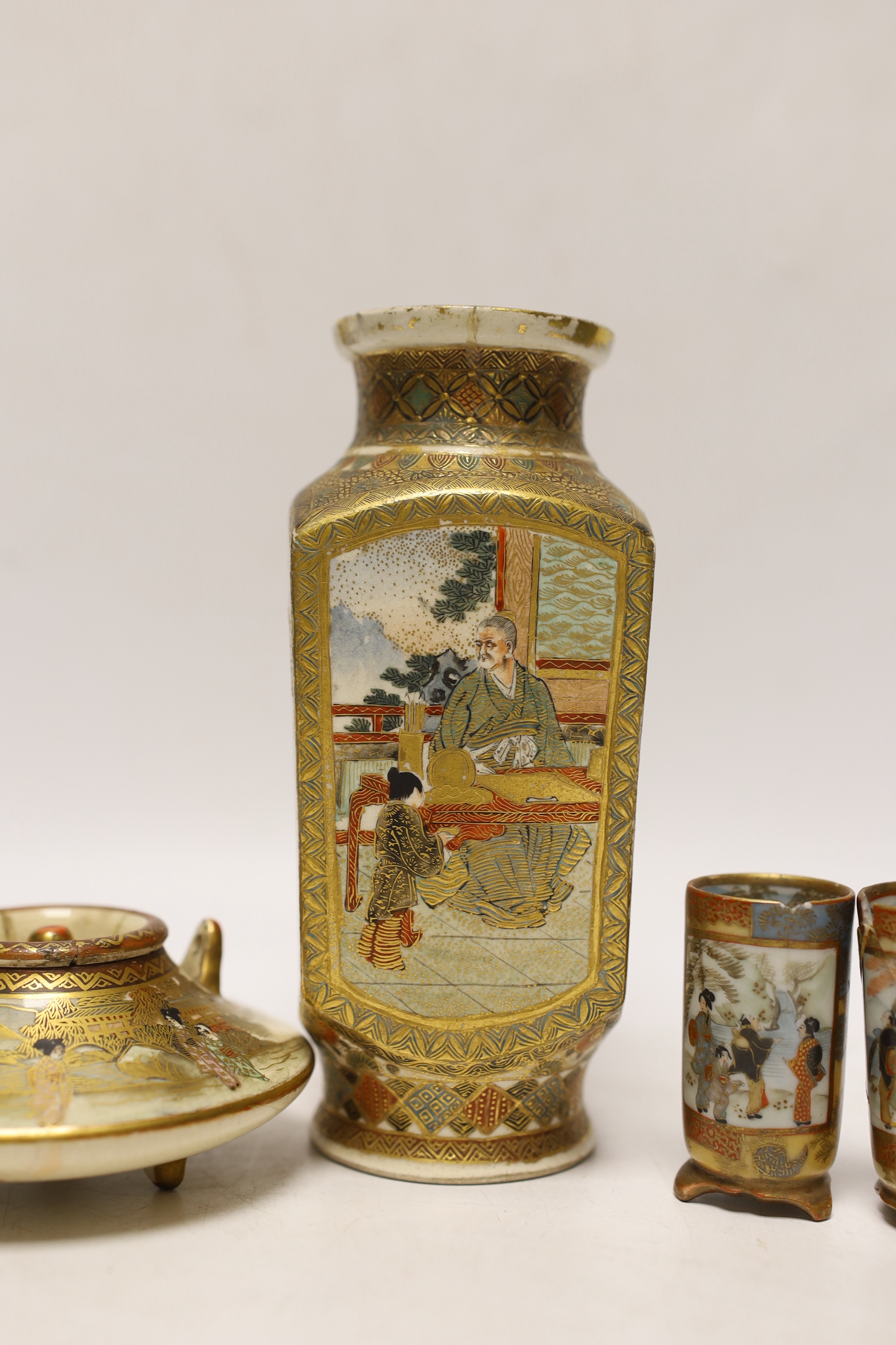 A Japanese Satsuma teapot and three vases, tallest, 15cm high